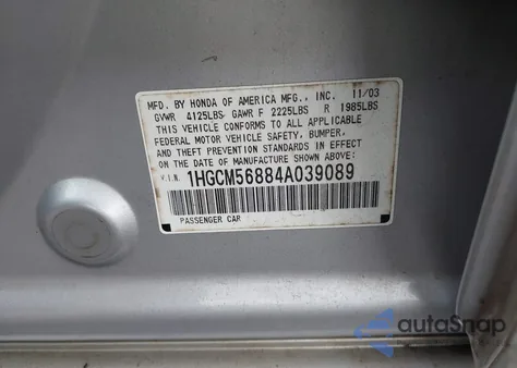 2004 Honda Accord 2.4 Ex from USA, damaged, VIN 1HGCM56884A039089